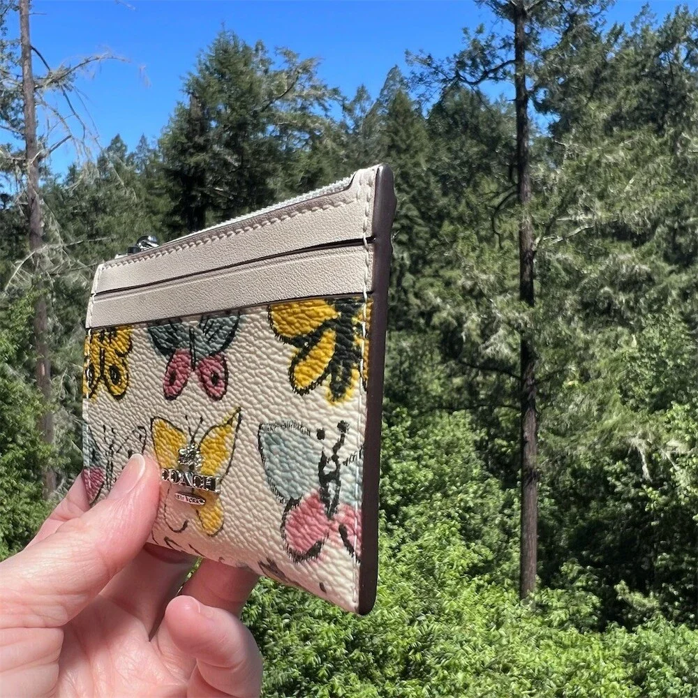 COACH Mini Skinny ID Case Keychain Card Wallet Signature Butterfly Print  NWT